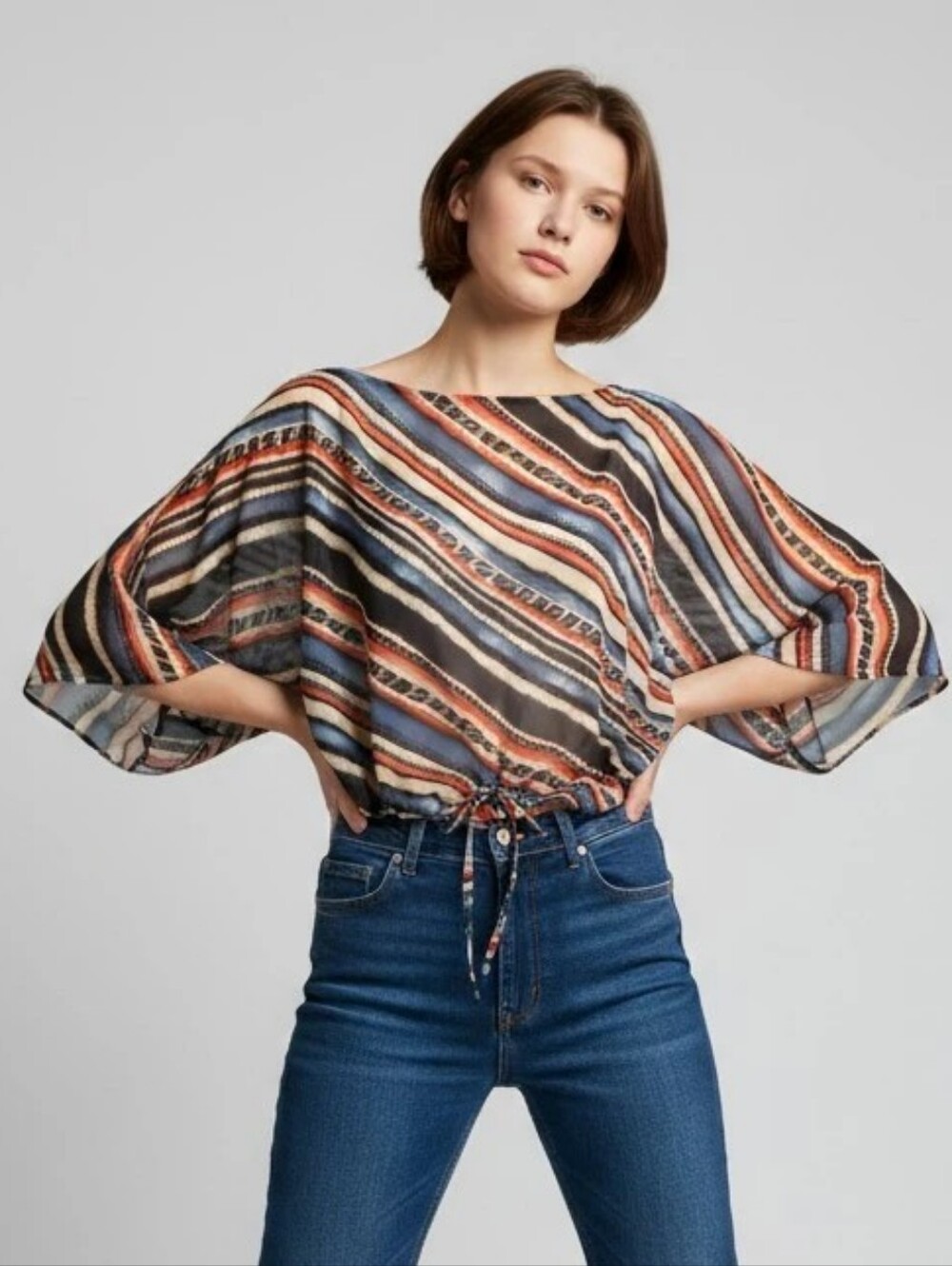 Chaps Multicolor Brushstroke Stripe Top in Blue, Cream & Rust